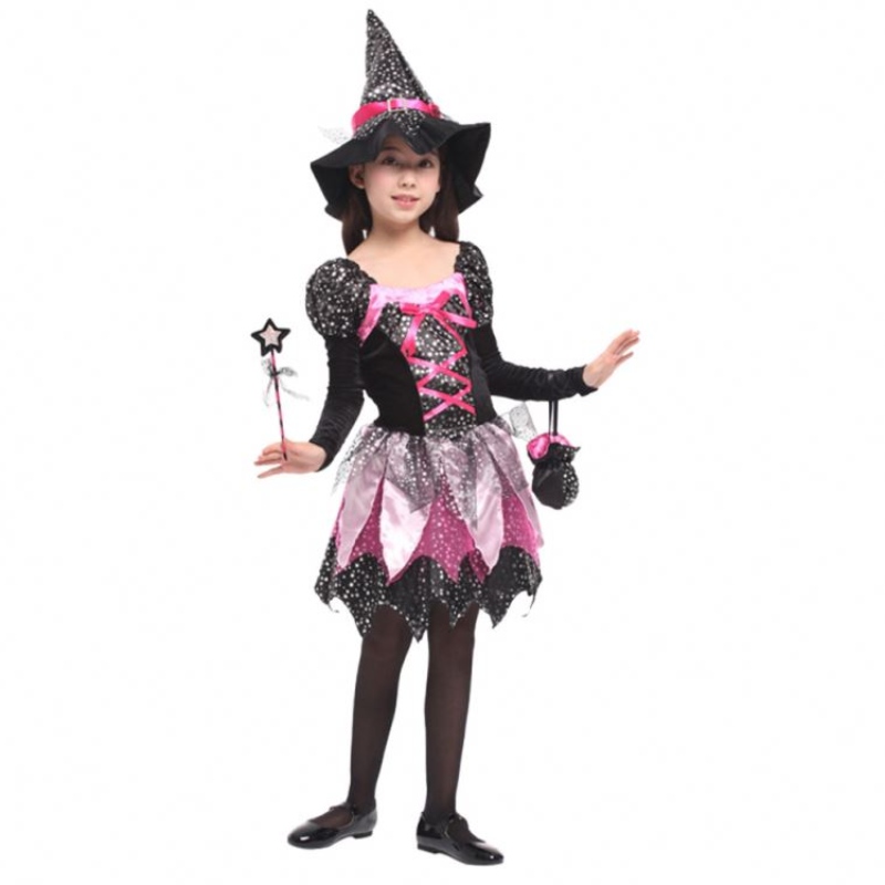 子供の女の子の杖ドレスアップ服ハロウィーンの魔女コスチュームキラキラした銀の星印刷されたコスプレドレス