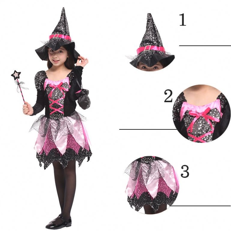 子供の女の子の杖ドレスアップ服ハロウィーンの魔女コスチュームキラキラした銀の星印刷されたコスプレドレス