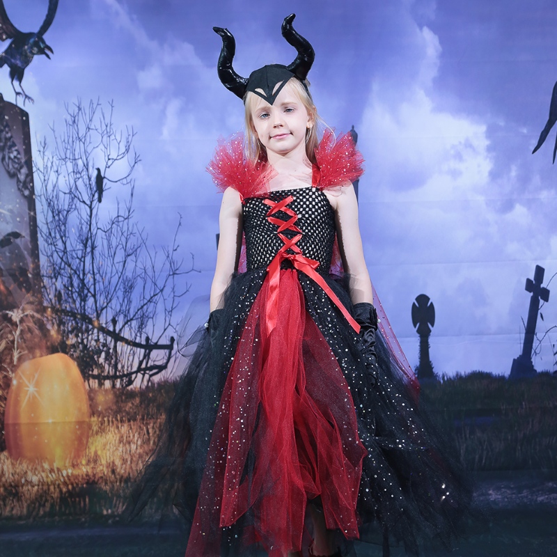 アマゾンホットセラーキッズガールズデラックスハロウィーンヴァンパイア魔女コスチュームフェアリープリンセス邪悪なチュチュドレスホーンズヘッドバンド