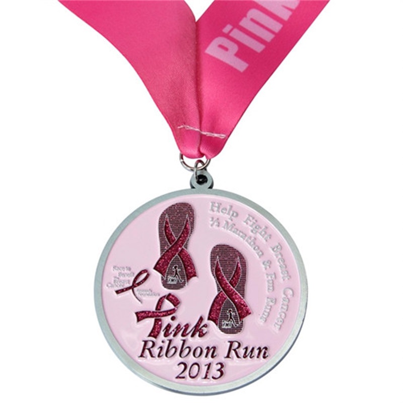 女性用のピンクの印刷ランニングメダルカスタムメタルスポーツマラソンメダル付きリボン