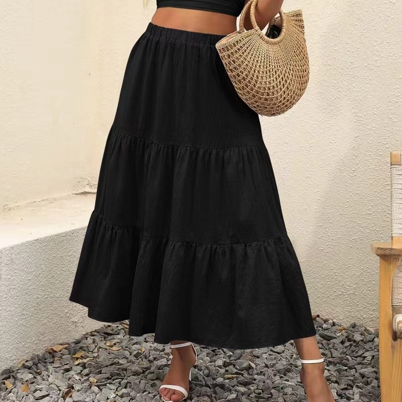 女性の夏の自由hoho弾性ウエストプリーツA-Line Flowy Swing Tiered Long Beach Skirt Dress with Pocketsskirt