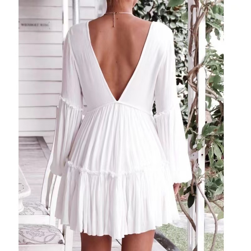 サマーファッションホワイトVネックランタンスリーブルーズウィメンドレス