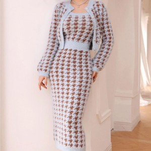 2023 OEM秋ニットスカートスーツモヘアカーディガンニットファッションセクシーボタンロングスカートアウトウェアレディースロングニットセーター