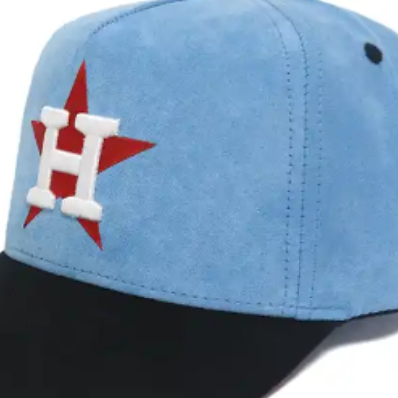 ホットハットデザイン5パネルスエードブルーとブラックの野球帽を添えたカスタムロゴフラット刺繍と3Dパフ刺繍帽子
