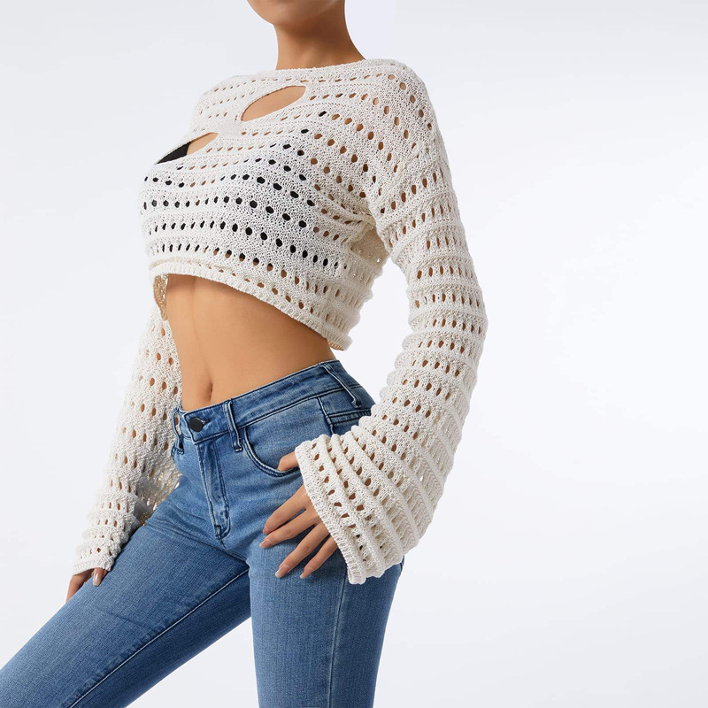 女性をくぐり抜けるかぎ針編みのニットクロップトップカラーブロック長袖首の秋のセータートップス