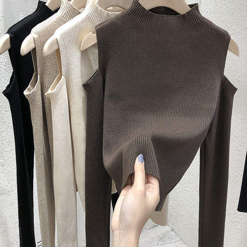 2023新しいファッション女性冬のセーター韓国のソリッドカラーオフショルダーロングスリーブトップベースシャツセーター