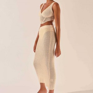 2023 New Women \\\\ \'S Clothers Crochet Hollow編みVネックノースリーブベストクロップトップセクシーなヒップスカート2ピーススーツドレスセーター