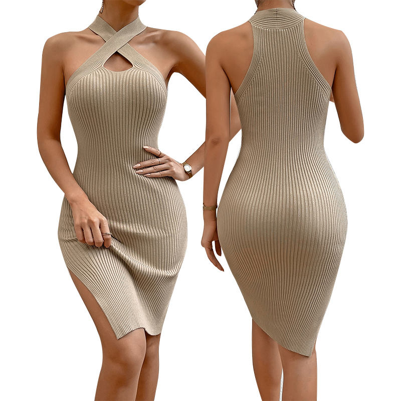 夏のカスタム女性ニットドレスセクシーなネックデザイン女性ソリッドカラースリップドレスレディスカートニットセータードレス