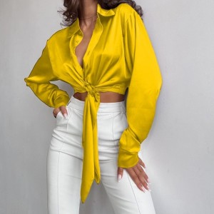 カジュアルシルクサテンテクスチャラペル長袖トップ