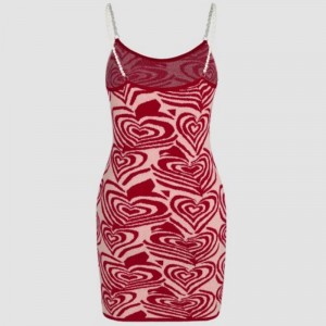 ラブハートパターンプリントドレス半袖ドレスサマーサンドレスシェインセクシーなニットウェア