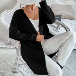 秋の女性セーターコートルーズブラックデイリーロングニットカーディガン