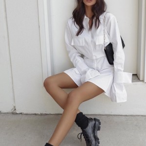 ウエストと袖口と女性用の長いタブを備えたフレンチホワイトドレス2023新しいデザインウエストとソリッドカラーの長袖スカート