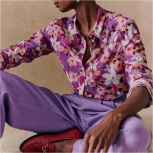 新しいフランスのエレガントなモダンな印刷パターン流れるシルクと綿のブレンド長袖の薄いシャツ