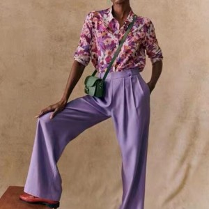 新しいフランスのエレガントなモダンな印刷パターン流れるシルクと綿のブレンド長袖の薄いシャツ