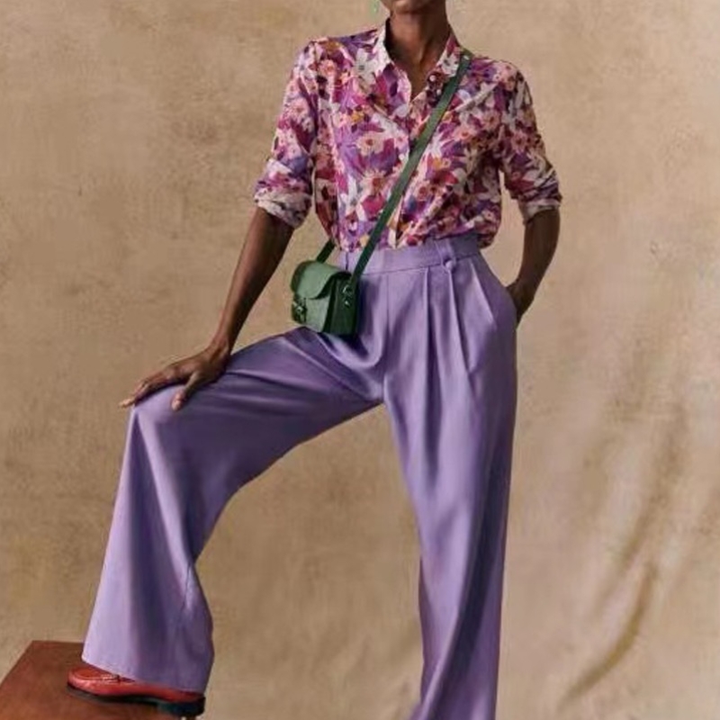 新しいフランスのエレガントなモダンな印刷パターン流れるシルクと綿のブレンド長袖の薄いシャツ