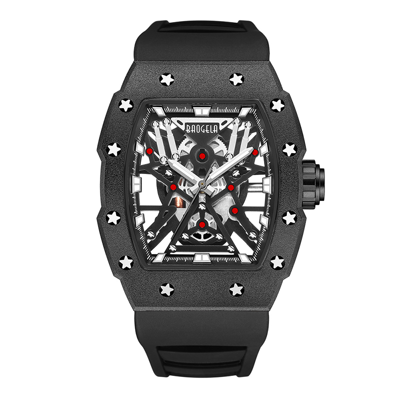 Baogela Top Brand Dominant Tonneau Mechanical Industrial Style Skeleton Luminous Waterfoof Sports Watches Steel Silicone Watch 4147