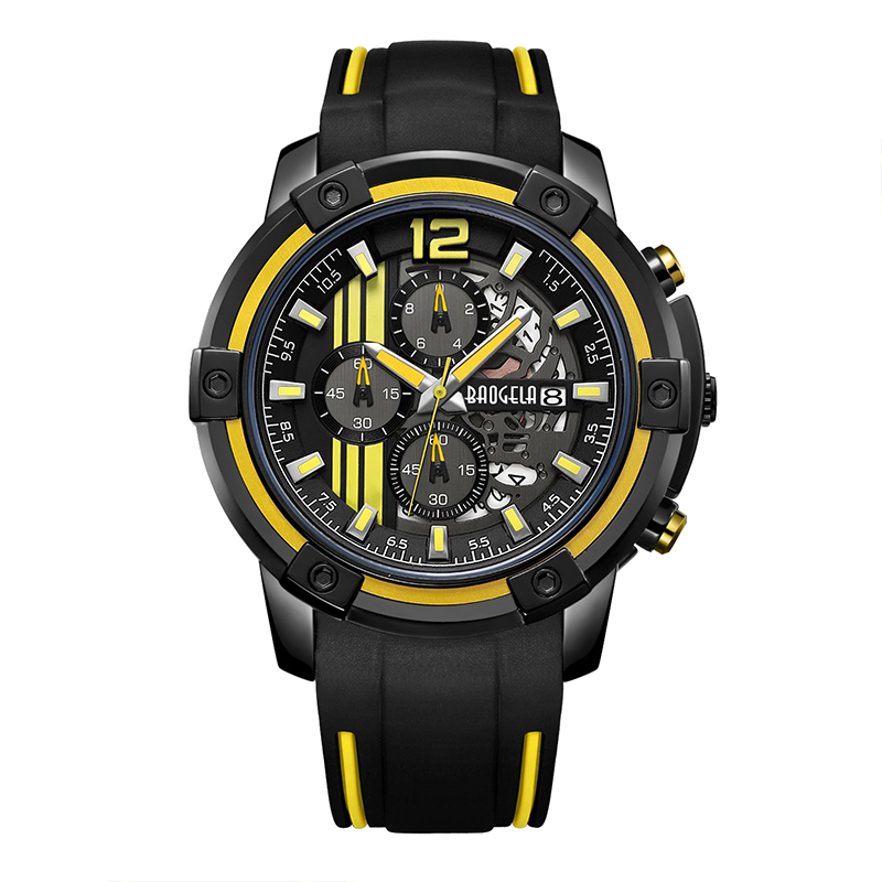 Baogel Men \\ 's Black Silicone Strap Quartz Watches Chronograph Sports Wulistwatch for Man 3atm防水ラミナスハンドイエロー22701