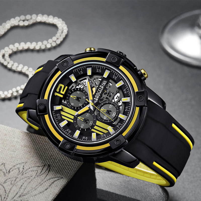 Baogel Men \\ 's Black Silicone Strap Quartz Watches Chronograph Sports Wulistwatch for Man 3atm防水ラミナスハンドイエロー22701