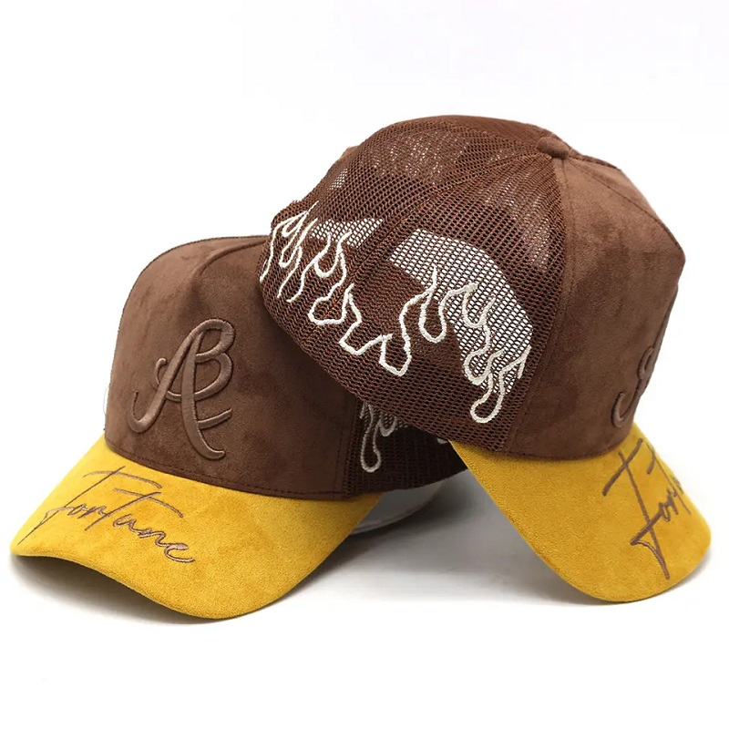 工場のカスタムスエードトラッカーハット刺繍ロゴブリムフェアメッシュトラック運転手の帽子