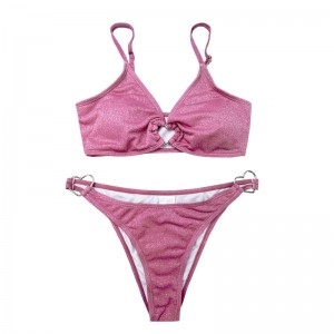 メタルリングツーピースのソリッドカラー水着