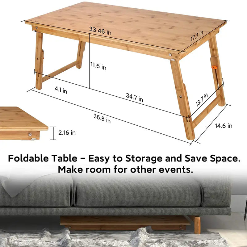 竹の端テーブル大規模なサイズの床デスクテーブルトレイ折りたたみ脚を備えたトレイを提供する朝食用のトレイ調整可能な低コーヒーテーブル
