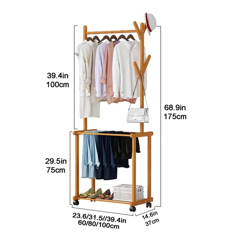 ヘビーデューティーローリングプルロッドタイプの衣服吊りロッドフロアクローゼット竹の2層収納ラック