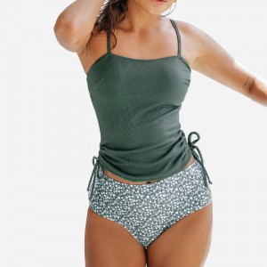 リブラックドローストリングトップ&ディッツフローラルハイウエストタンキニセット