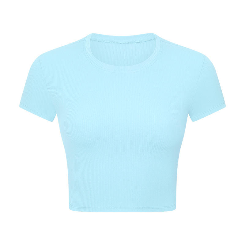 SC102612通気性ヨガクロップトップジムフィットネスタイトTシャツヨガTシャツランニングラウンドネックTシャツ