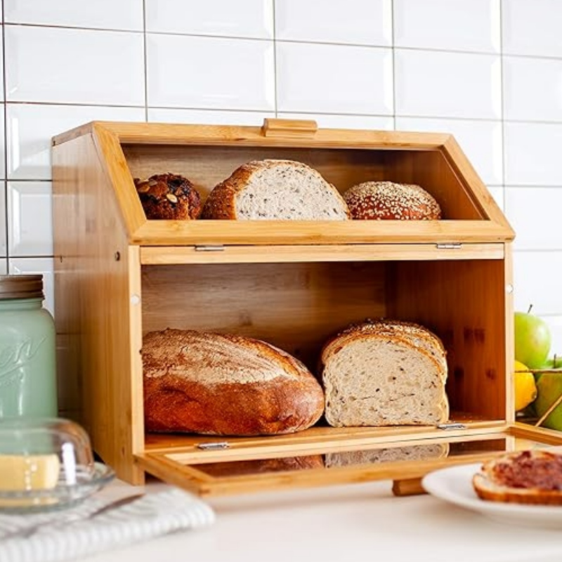 キッチンカウンター用の竹のパン箱 - 透明な窓付きの二重層のパン収納 - 素朴な農家スタイルのパンビン