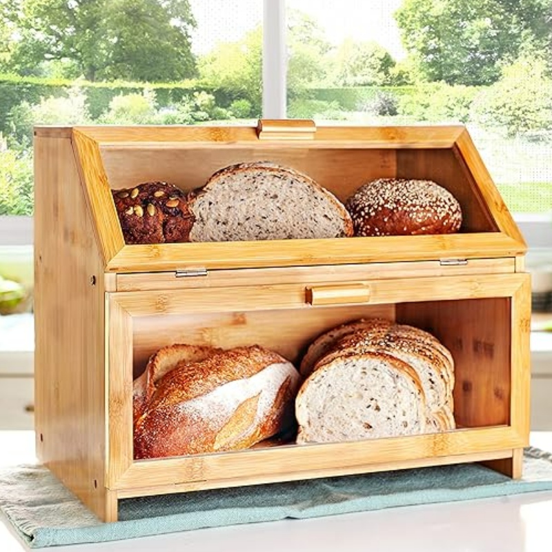 キッチンカウンター用の竹のパン箱 - 透明な窓付きの二重層のパン収納 - 素朴な農家スタイルのパンビン