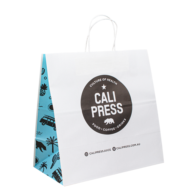ロゴ付きの白い黒い紙袋、ハンドル付きのリサイクルブラウンクラフト紙袋、独自のロゴ付きカスタムクラフトペーパーショッピングバッグ