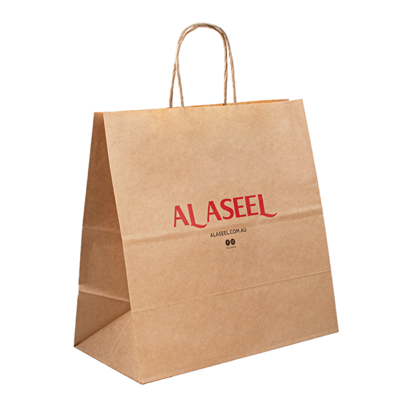 独自のロゴ付きの白い茶色のクラフトペーパーバッグ、ロゴ付きの紙のショッピングバッグ、ハンドル付きの紙クラフトバッグカスタムペーパーバッグ