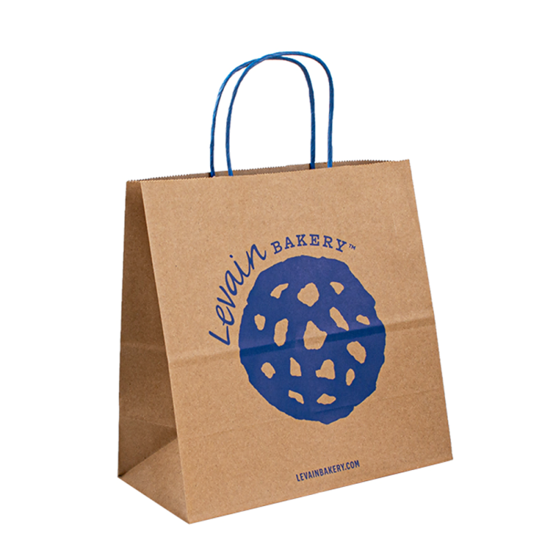 独自のロゴ付きの白い茶色のクラフトペーパーバッグ、ロゴ付きの紙のショッピングバッグ、ハンドル付きの紙クラフトバッグカスタムペーパーバッグ