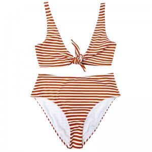 オレンジオレンジホワイトストリップワイドショルダーボウ快適なハイウエストツーピース水着