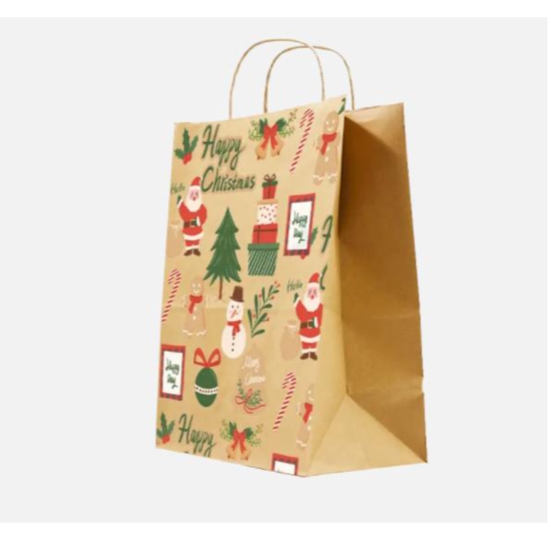 クリスマスペーパーバッグツイストハンドル付きカスタマイズされたお祝いギフトバッグ独自のバッジ卸売紙袋付き
