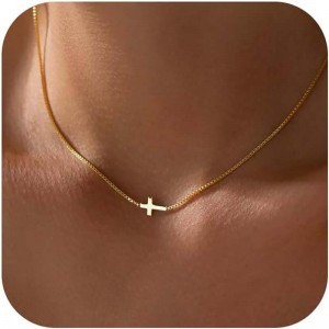 クロスネックレス 女性用 14K リアルゴールド シルバーメッキ 上品な小さなクロスペンダント チョーカー シンプル トレンディ かわいい クロスチャーム チェーンネックレス 信仰ジュエリー 宗教的 ミニマリスト ギフト