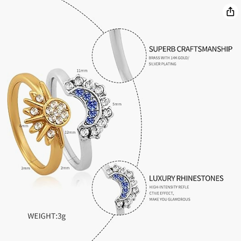 天の太陽と月の調整可能なリング -  18kゴールド & プラチナメッキの銅合金が開いています-白いバンドリング & 占星術愛好家とエレガントなファッションウェアのための青いキュービックジルコニア