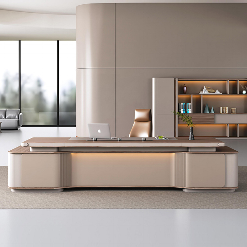 モデル: DBT005 モダンボイス-コントロールライトストリップボスコンビネーションデスクとキャビネット、多機能ソケット、ライトラグジュアリーでエレガントなボスオフィスデスク。